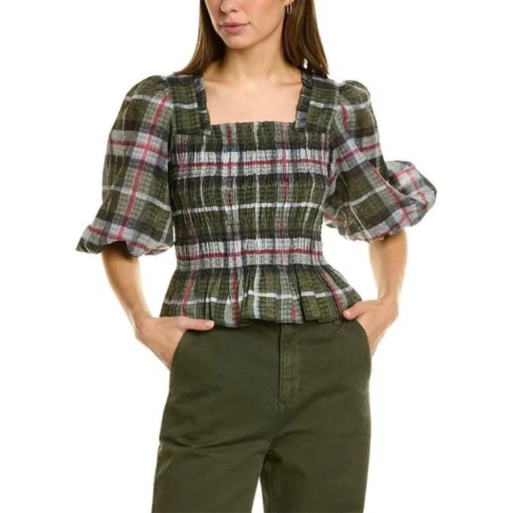 All Saints Olive Green Plaid Smocked Square-Neck Blouse